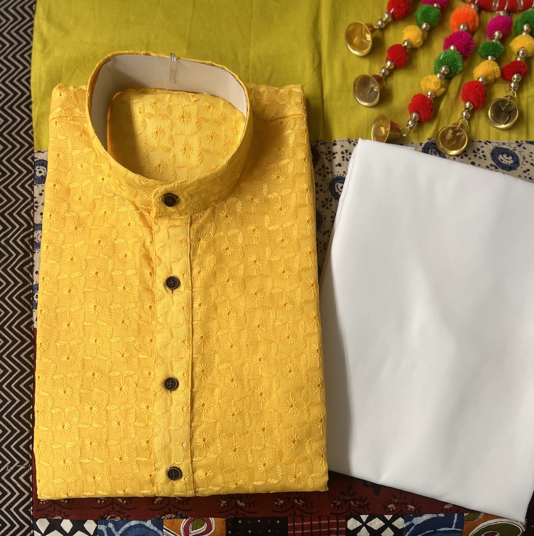 CHIKAN KARI KURTA PYJAMA YELLOW