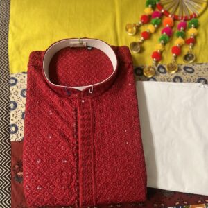 CHIKAN KARI KURTA PYJAMA RED COLOUR