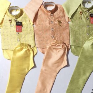 KIDS KURTA PYJAMA WITH WAISTCOAT GREEN/YELLOW/PEACH
