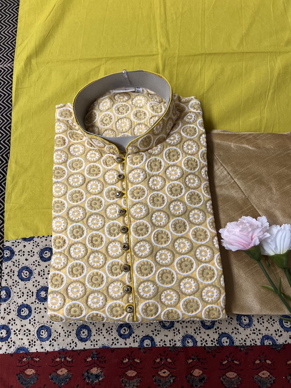 CHIKAN KARI KURTA PYJAMA AMBER COLOUR