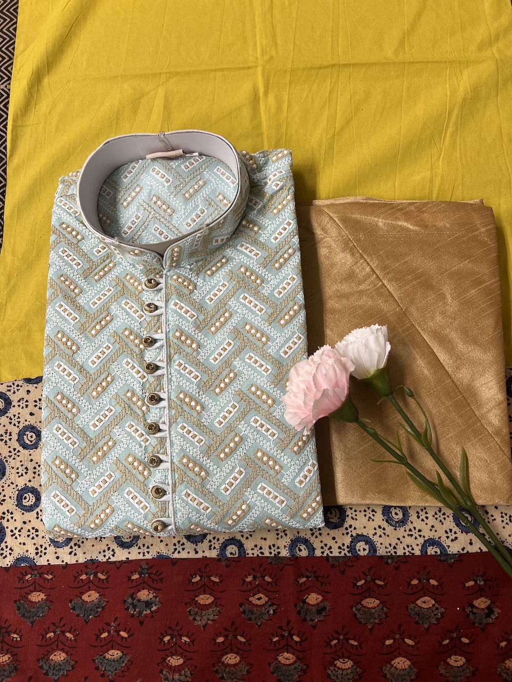 CHIKAN KARI KURTA PYJAMA AQUQ COLOUR