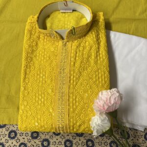 CHIKAN KARI KURTA PYJAMA YELLOW COLOUR