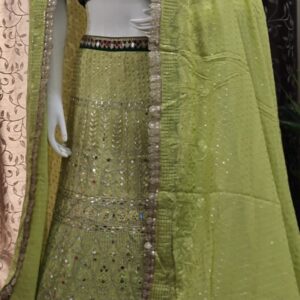 Bottle Green Embroidered Thread Work Georgette Wedding Lehenga Choli With Dupatta