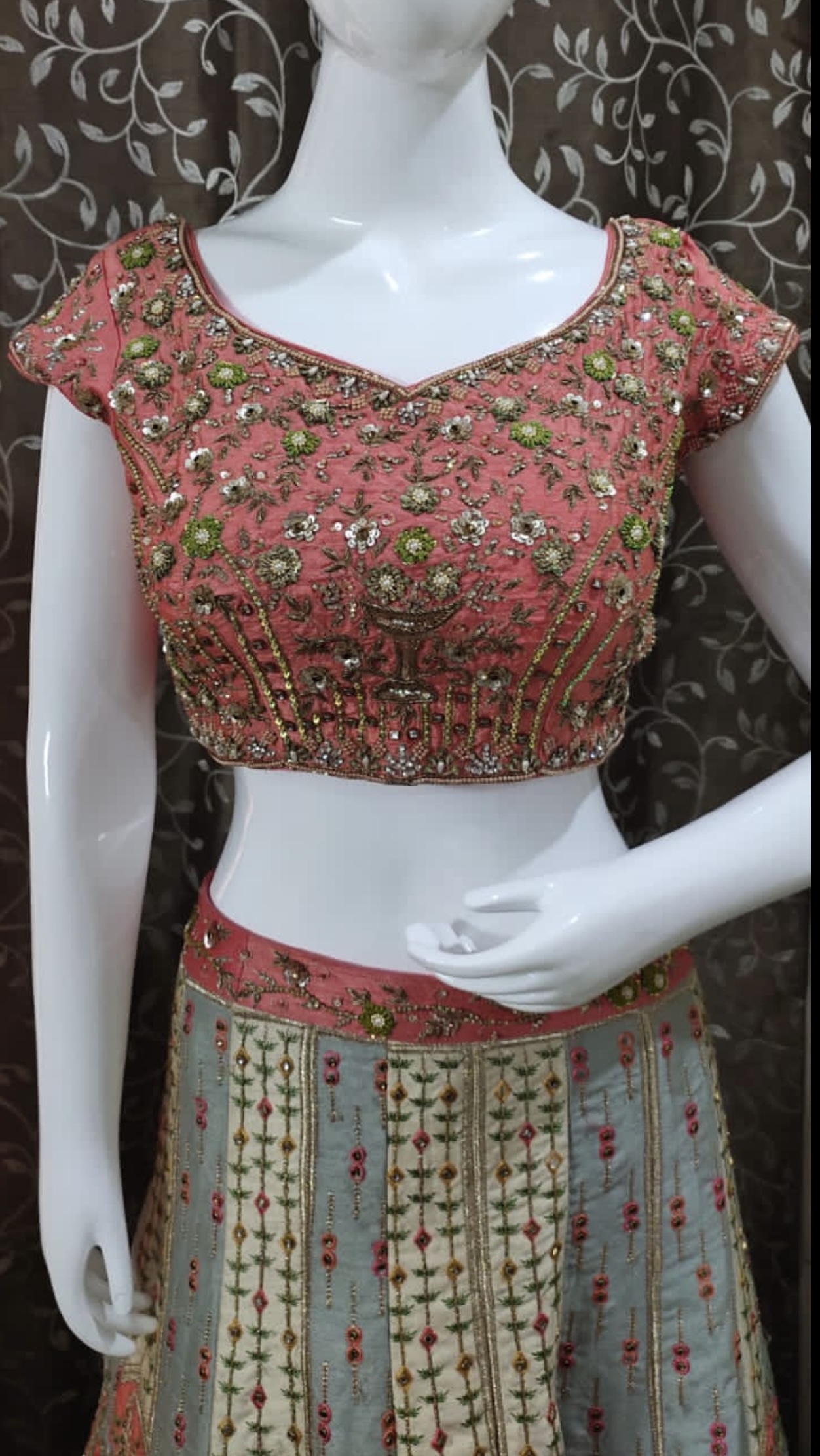 MULTI COLOUR SILK BASE ZARI & MIRROR WORK LEHENGA CHOLI WITH MUSTARD DUPATTA - Image 3