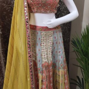 MULTI COLOUR SILK BASE ZARI & MIRROR WORK LEHENGA CHOLI WITH MUSTARD DUPATTA