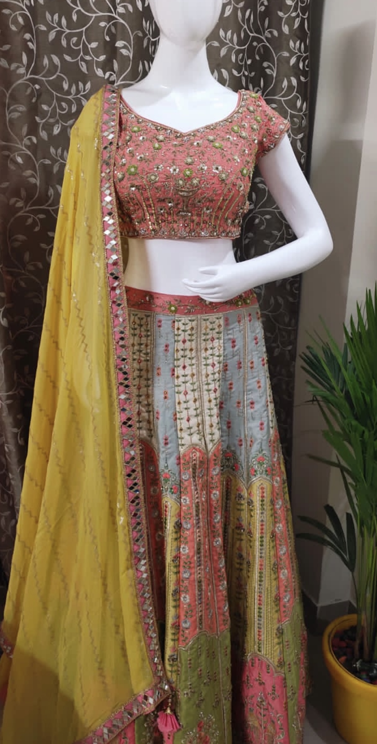 MULTI COLOUR SILK BASE ZARI & MIRROR WORK LEHENGA CHOLI WITH MUSTARD DUPATTA