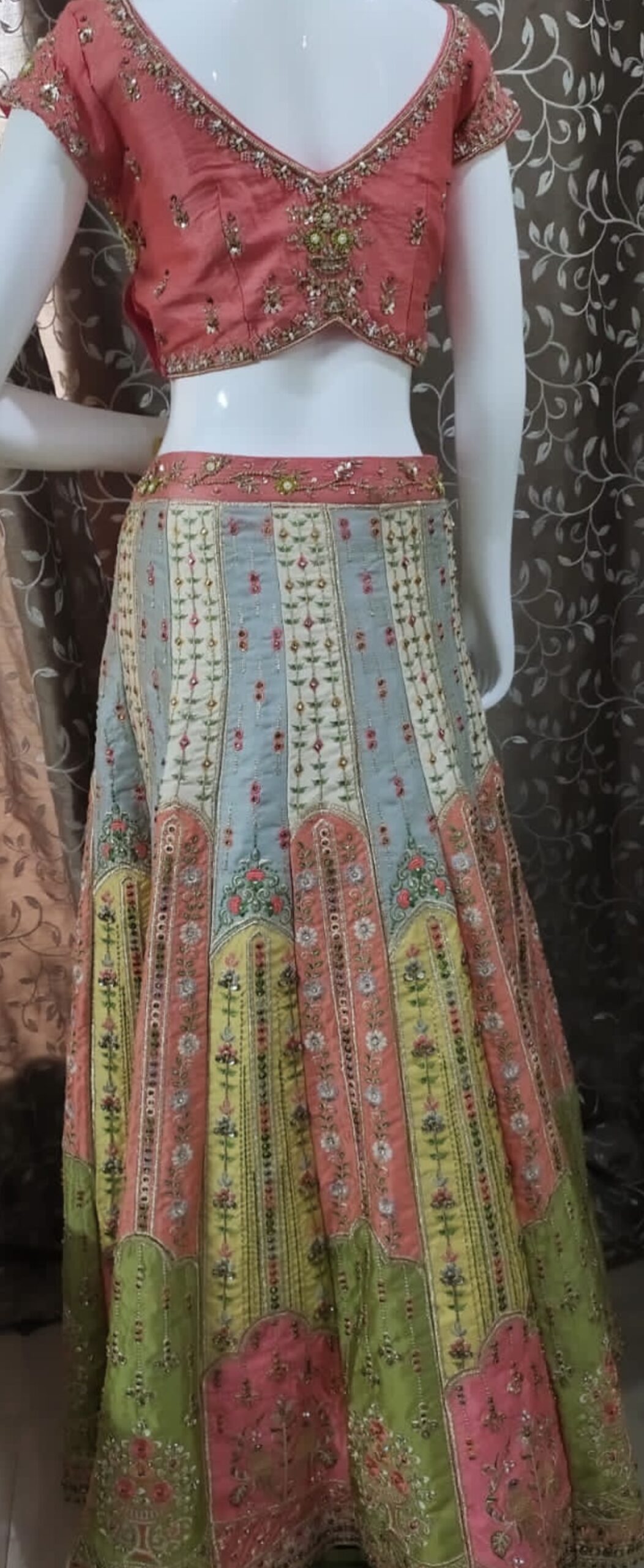 MULTI COLOUR SILK BASE ZARI & MIRROR WORK LEHENGA CHOLI WITH MUSTARD DUPATTA - Image 2
