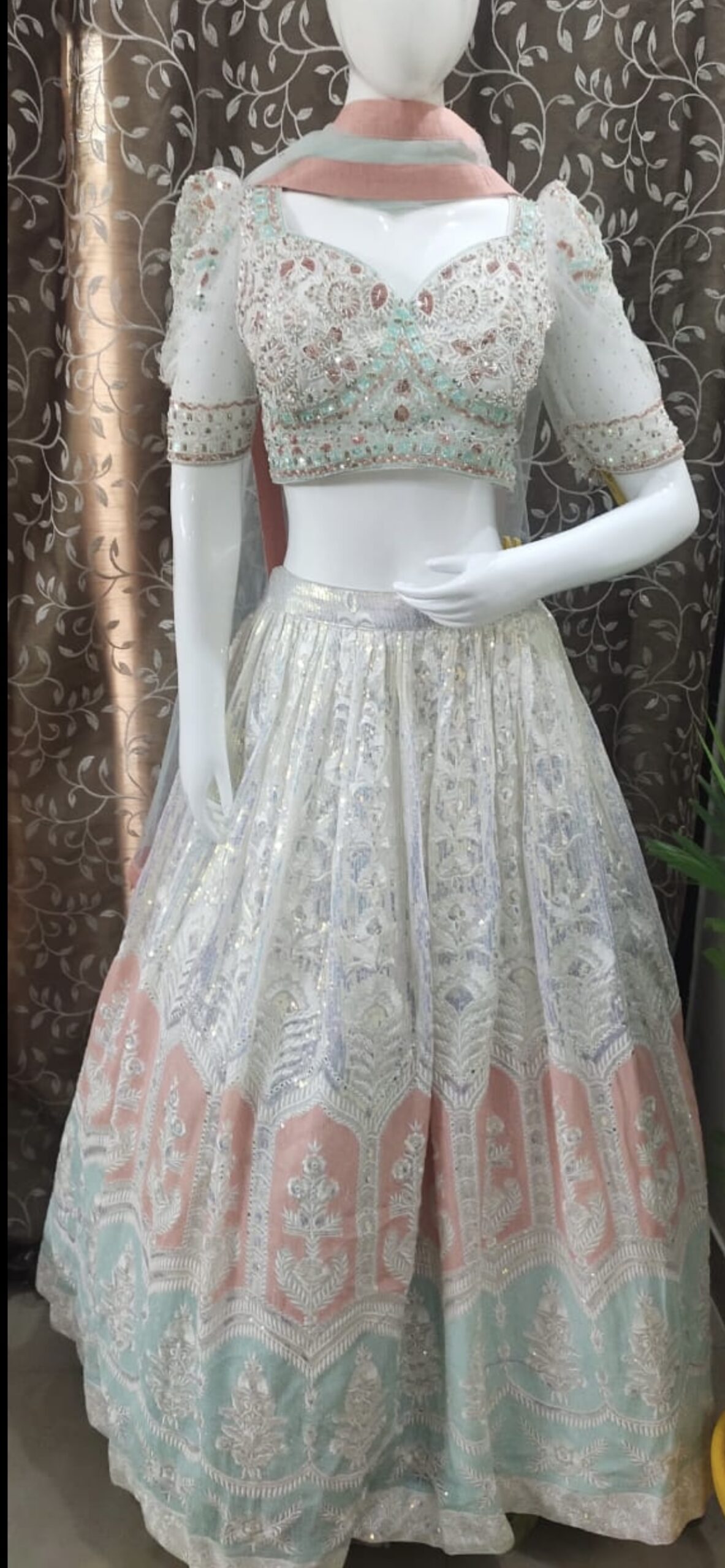 OFF WHITE BEADS WORK GEORGETTE FESTIVE WEAR LEHENGA CHOLI SET