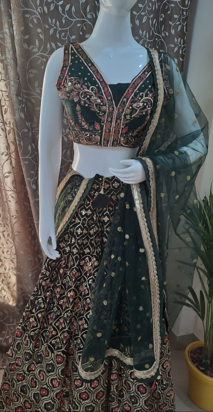 GREEN SEQUINS & THREAD EMBROIDERED GEORGETTE WEDDING LEHENGA CHOLI