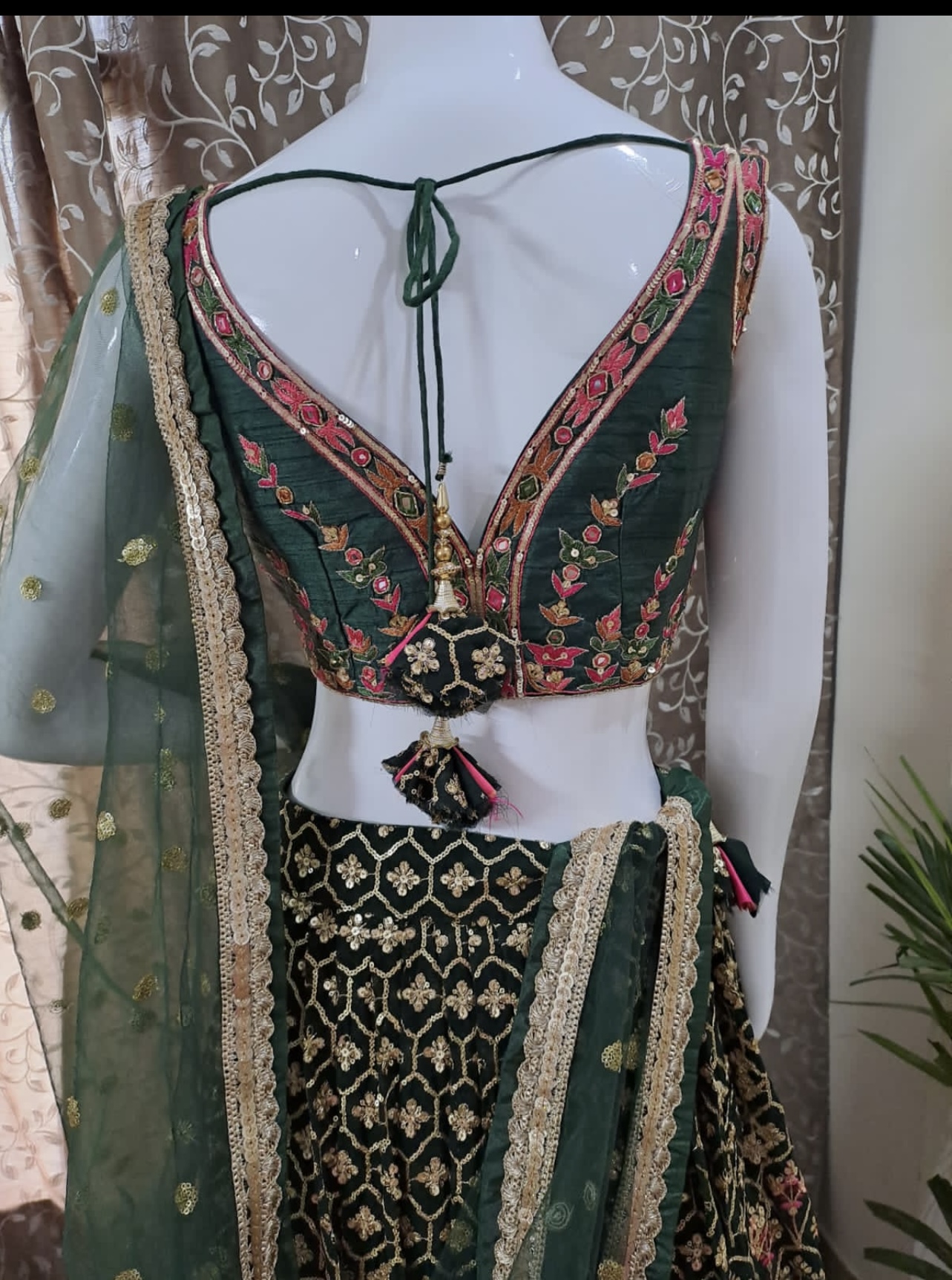 GREEN SEQUINS & THREAD EMBROIDERED GEORGETTE WEDDING LEHENGA CHOLI - Image 3