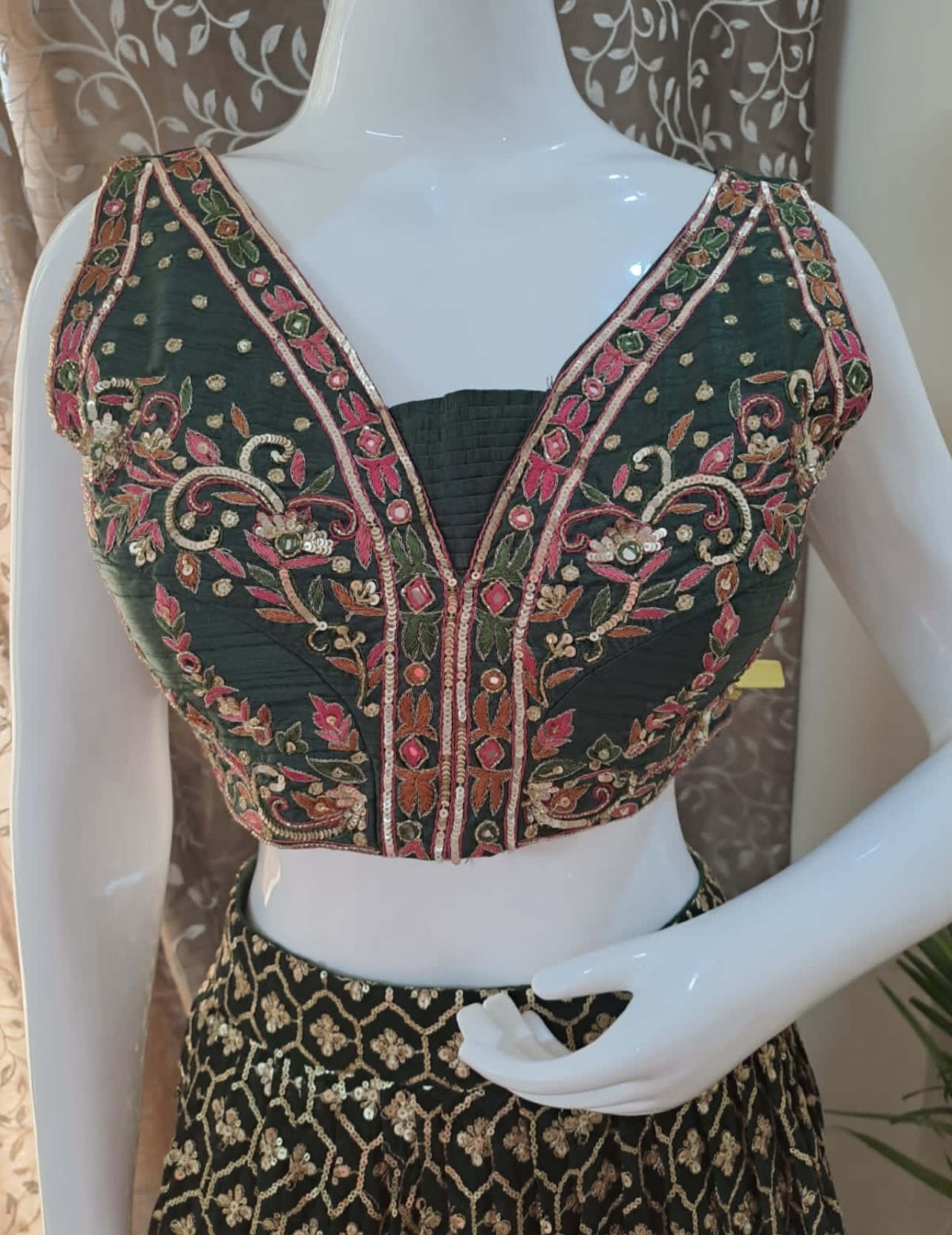 GREEN SEQUINS & THREAD EMBROIDERED GEORGETTE WEDDING LEHENGA CHOLI - Image 4