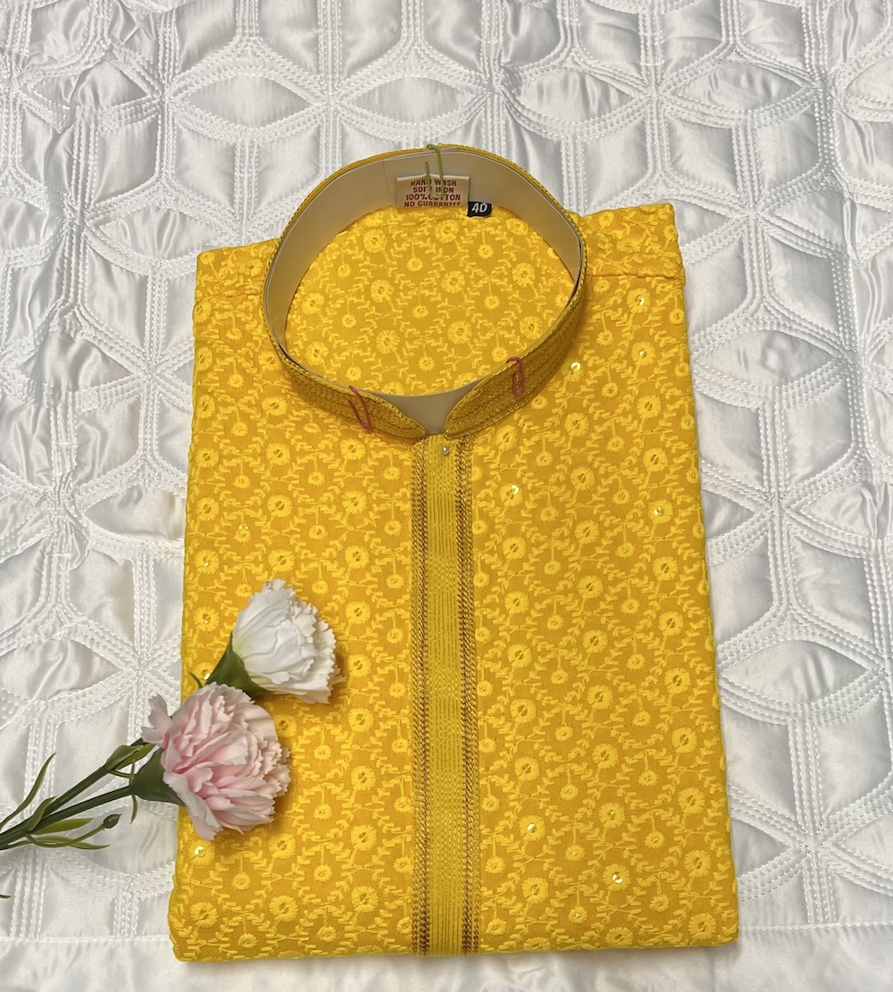 CHIKAN KARI KURTA PYJAMA YELLOW COLOUR