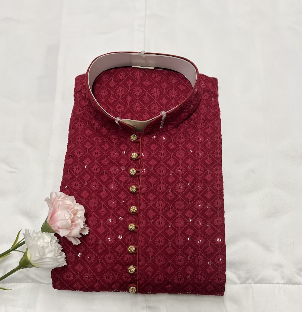 CHIKAN KARI KURTA PYJAMA MAROON COLOUR