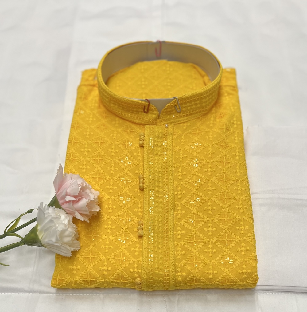 CHIKAN KARI KURTA PYJAMA YELLOW COLOUR