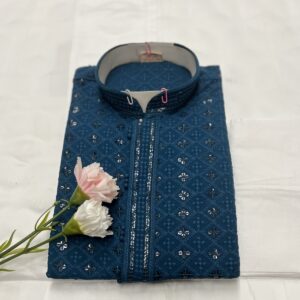 CHIKAN KARI KURTA PYJAMA TEAL COLOUR