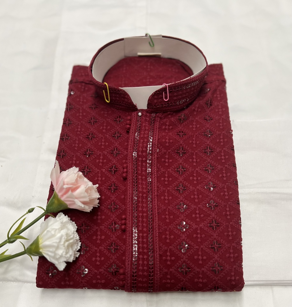 CHIKAN KARI KURTA PYJAMA MAROON COLOUR