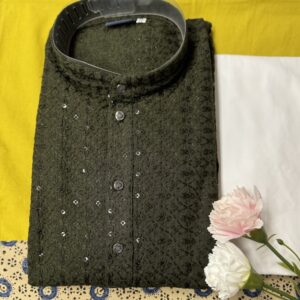 KIDS CHIKAN KARI KURTA SETS MEHNDI COLOUR