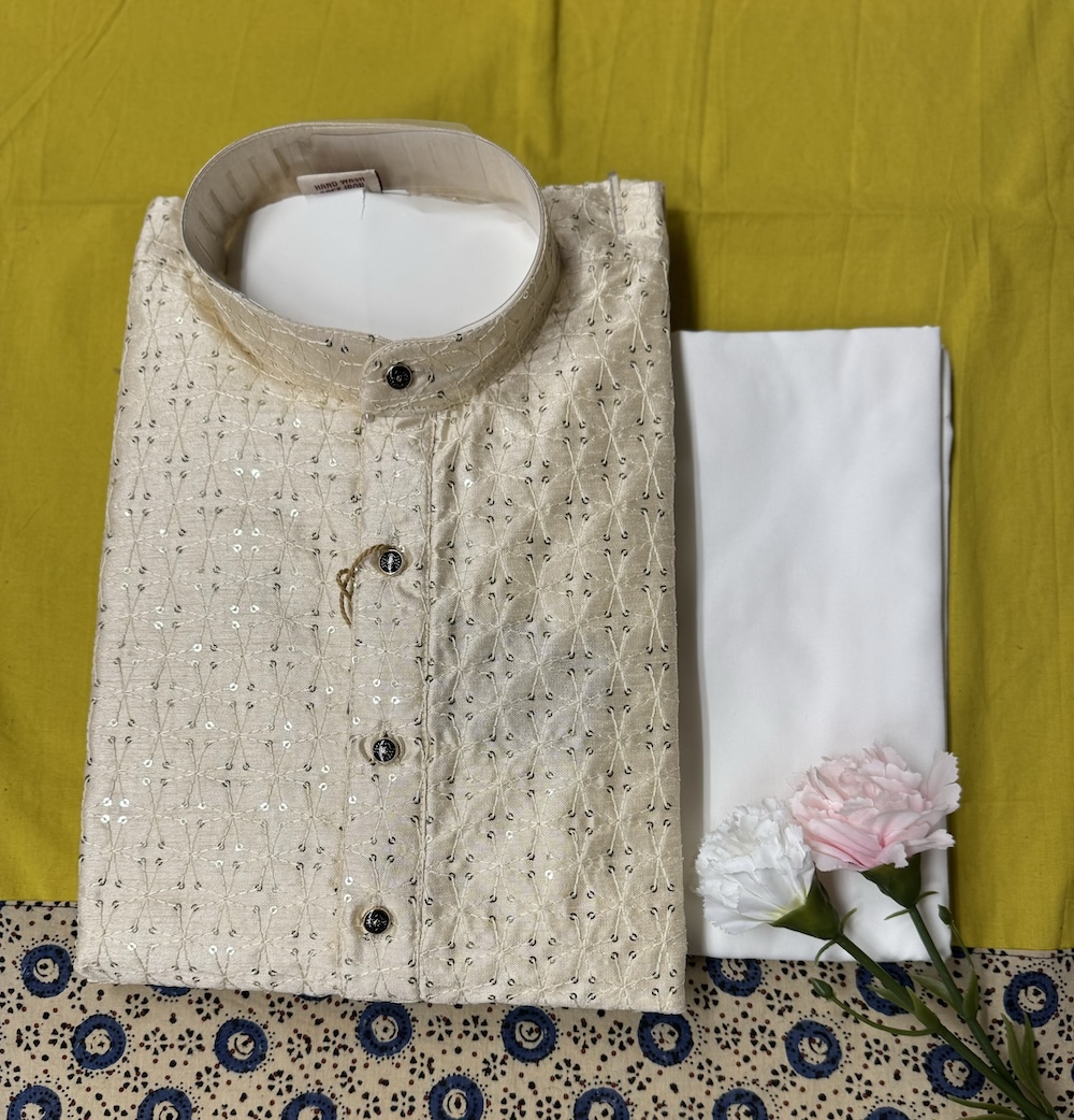 MENS SILK KURTA SETS OFF WHITE COLOUR