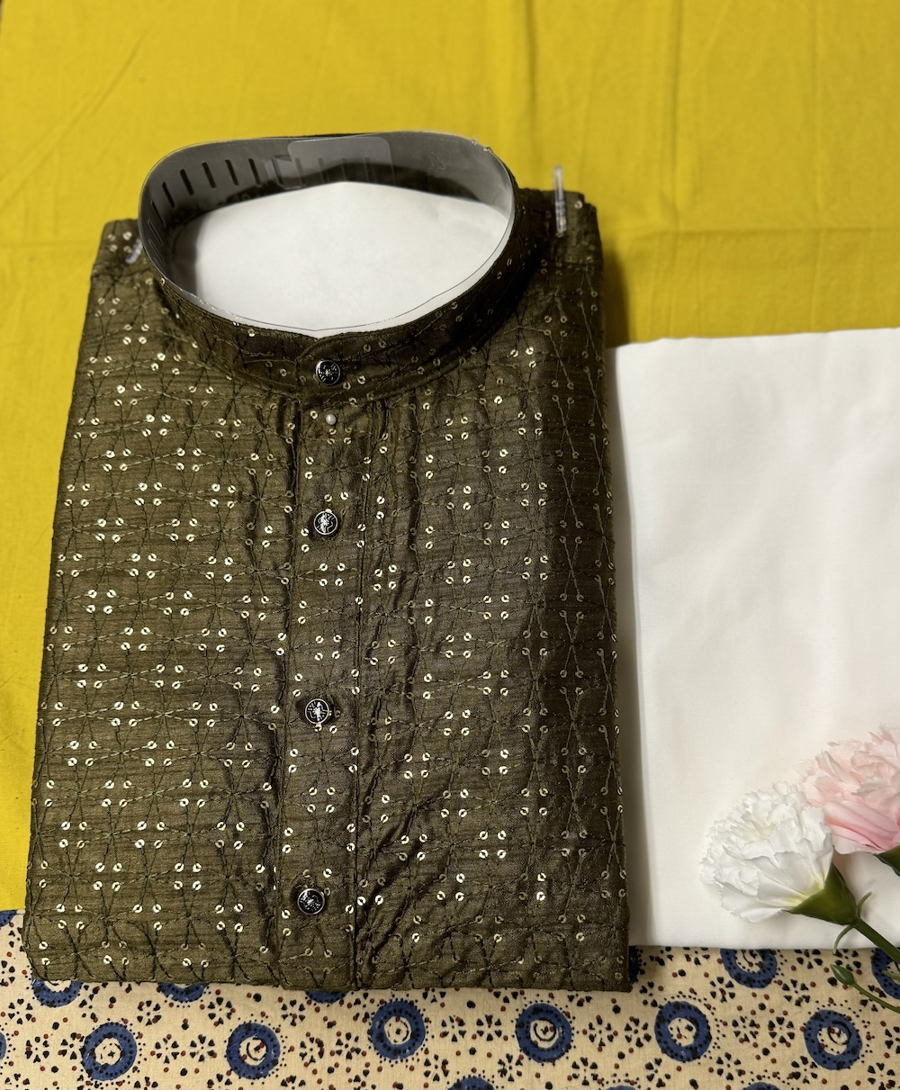 MENS SILK KURTA SETS DARK GREEN