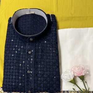 MENS CHIKAN KARI KURTA SETS NAVY BLUE