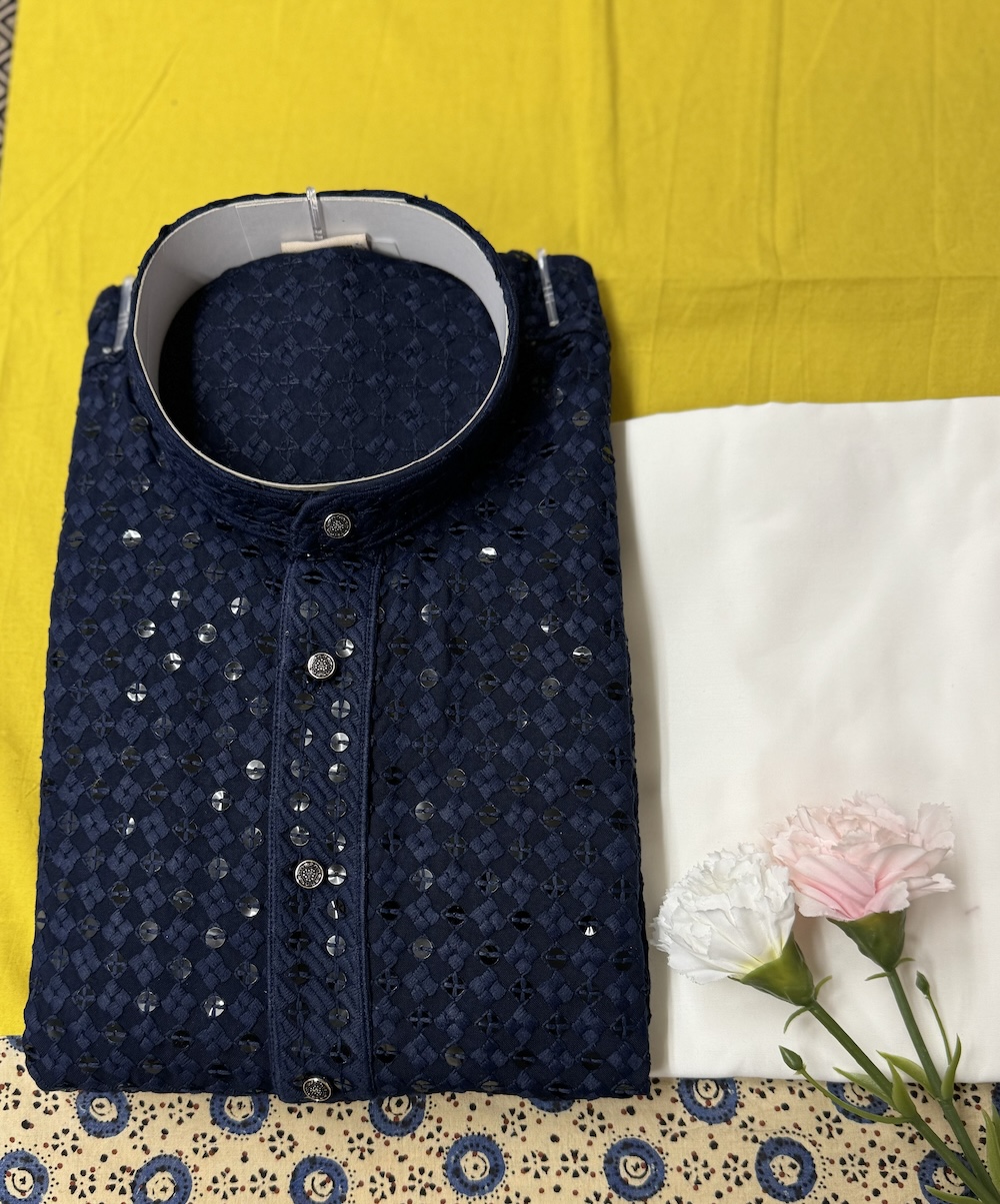 MENS CHIKAN KARI KURTA SETS NAVY BLUE