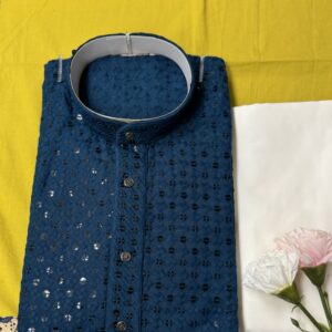 MENS CHIKAN KARI KURTA PYJAMA TEAL COLOUR