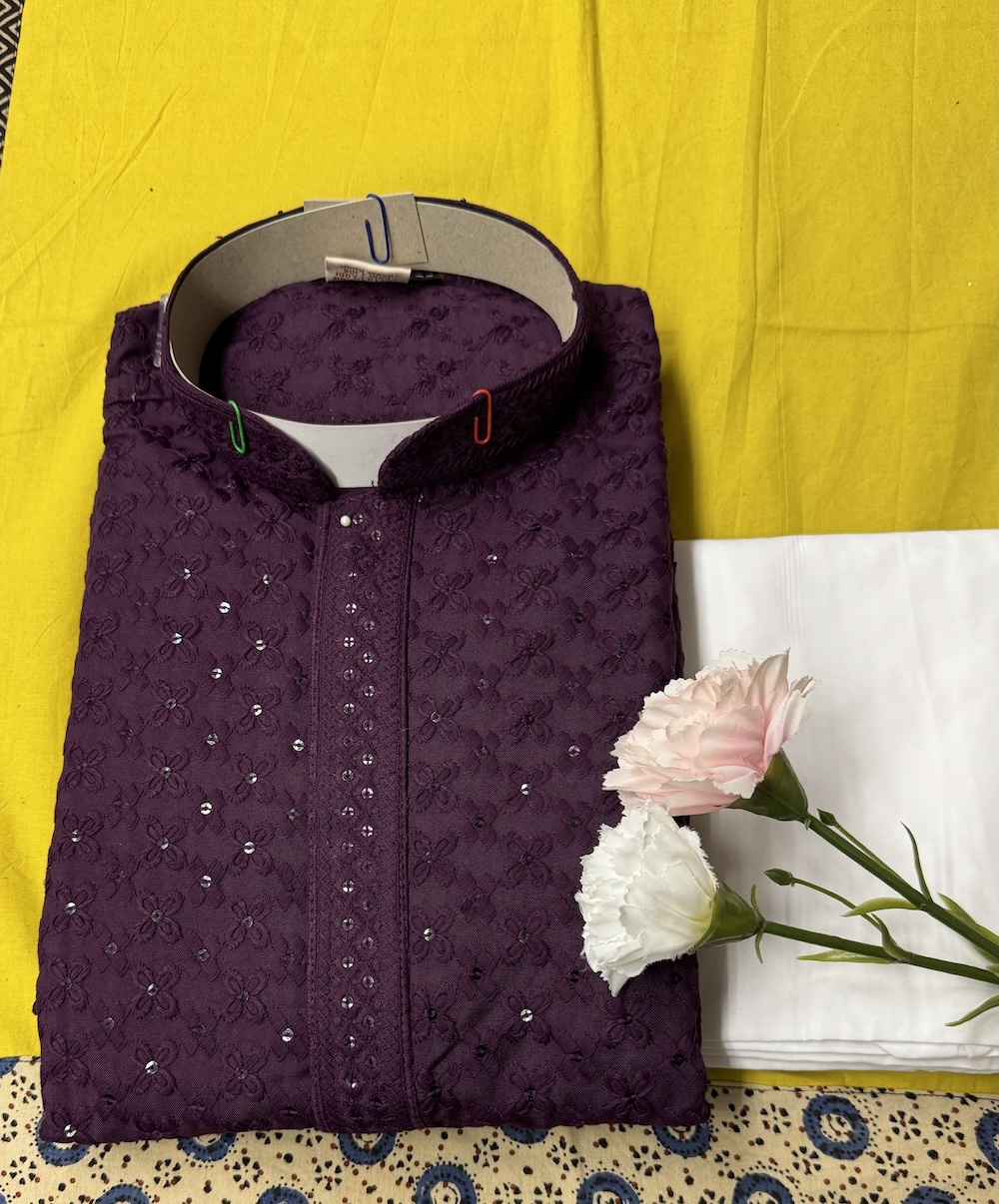 MENS CHIKAN KARI KURTA SETS PURPLE COLOUR