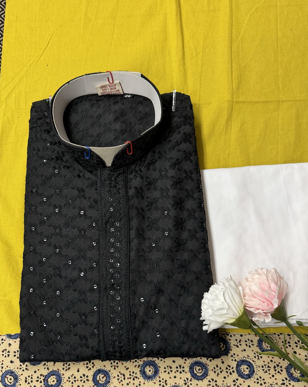 MENS CHIKAN KARI KURTA SETS BLACK COLOUR