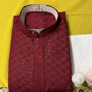 MENS CHIKAN KARI KURTA SETS MAROON COLOUR
