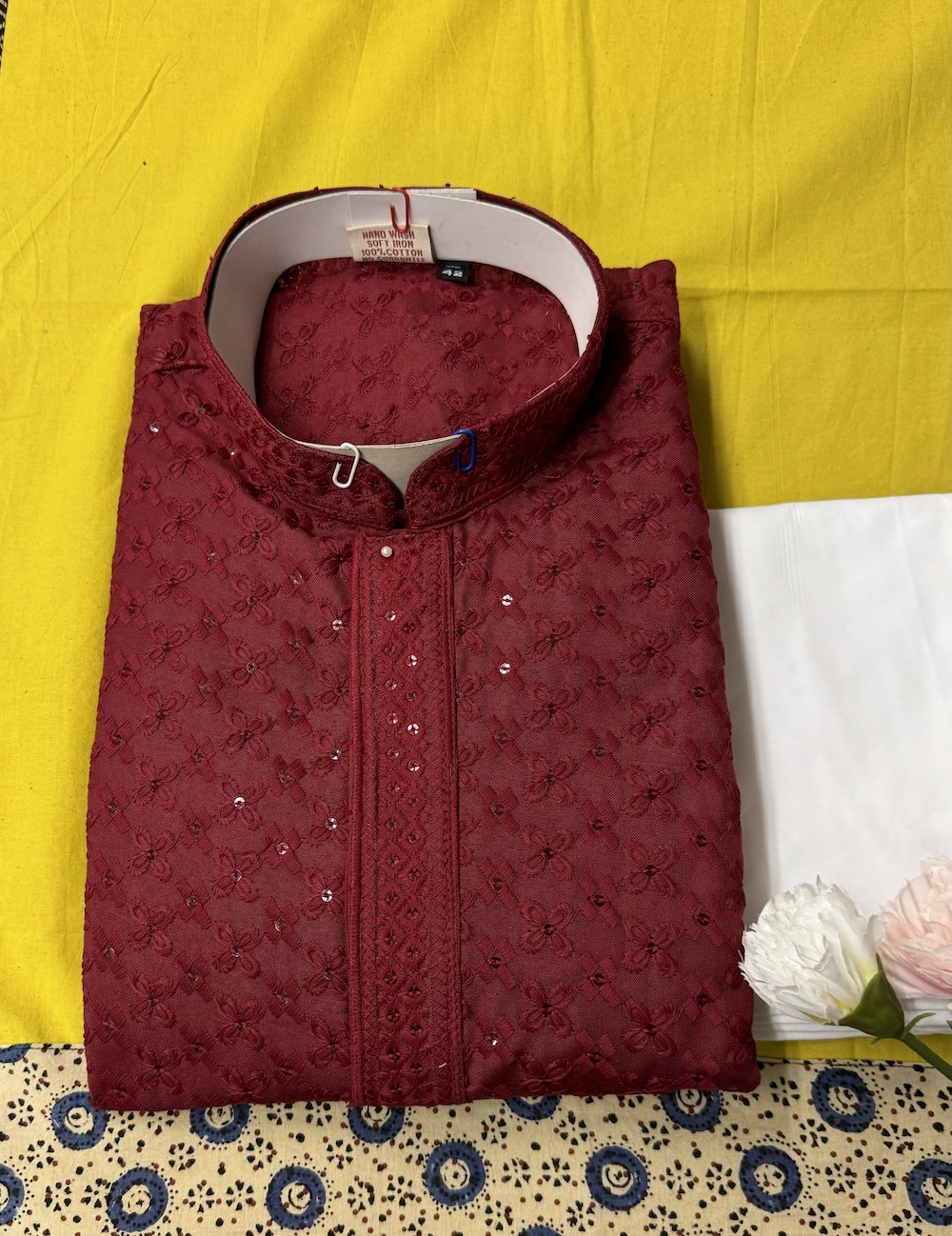 MENS CHIKAN KARI KURTA SETS MAROON COLOUR