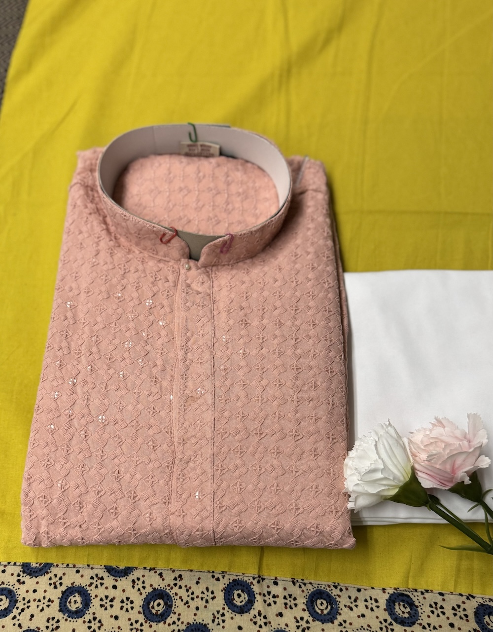 MENS CHIKAN KARI KURTA SETS PINK COLOUR