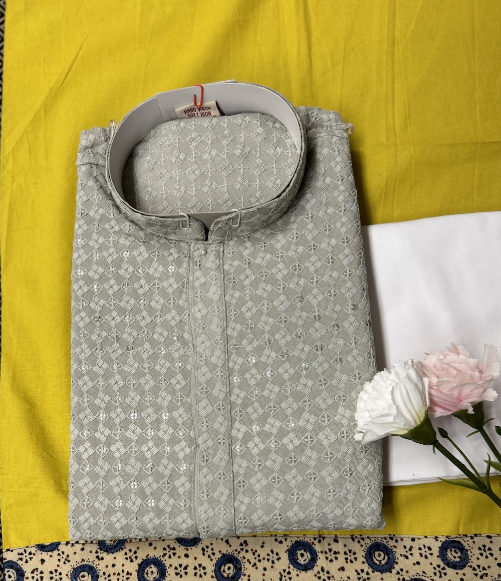 MENS CHIKAN KARI KURTA SETS GREY COLOUR