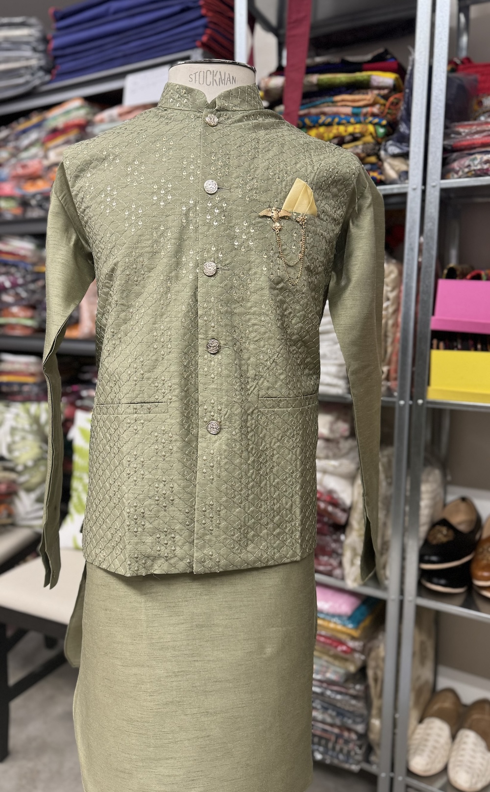 KURTA PYJAMA WITH WAISTCOAT GREEN COLOUR