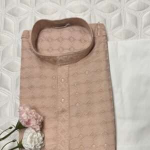 MENS CHIKAN KARI KURTA PYJAMA PEACH COLOUR