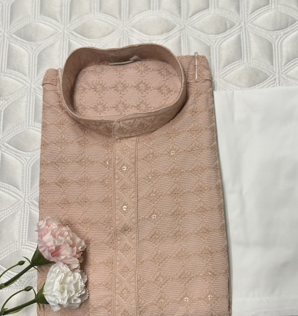 MENS CHIKAN KARI KURTA PYJAMA PEACH COLOUR